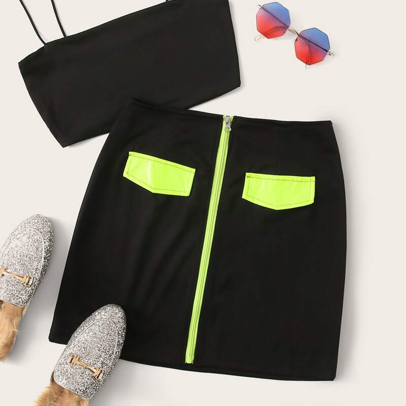 

Neon Trim Fake Pocket Zip Through Straight Skirt, Black