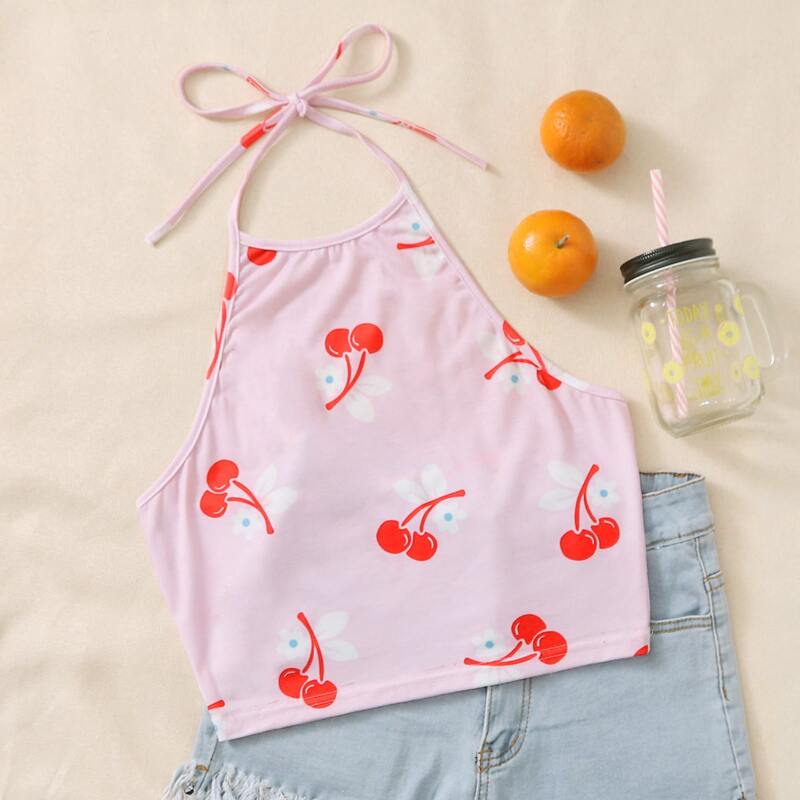 

Cherry Print Halter Top, Pink
