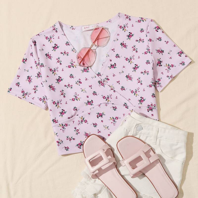 

Ditsy Floral Wrap Crop Tee, Purple