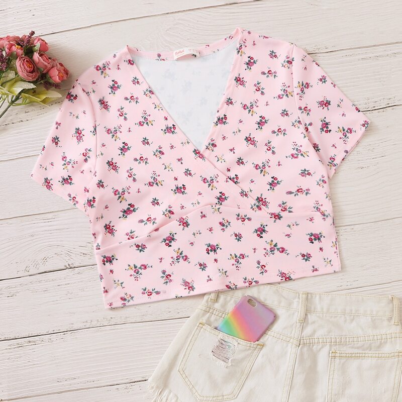 

Ditsy Floral Wrap Crop Tee, Pink