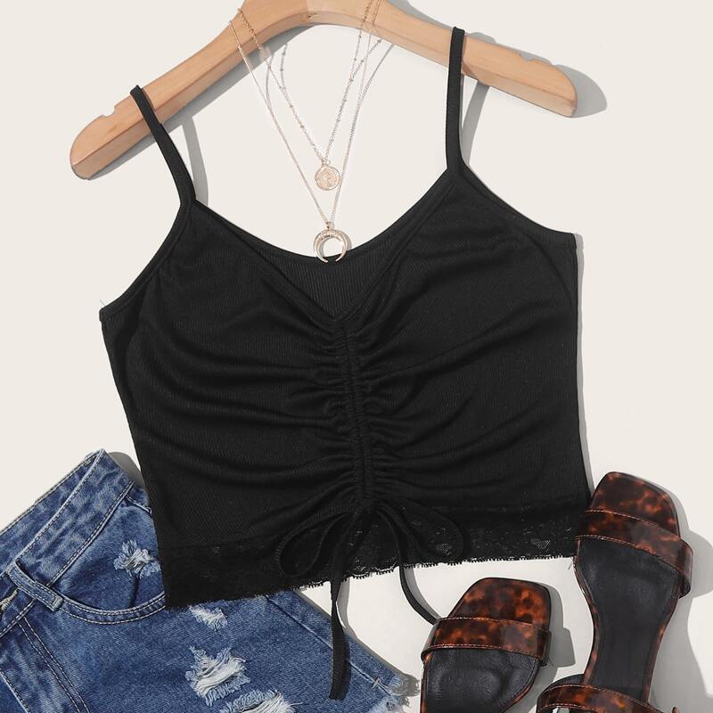 

Lace Hem Drawstring Black Cami