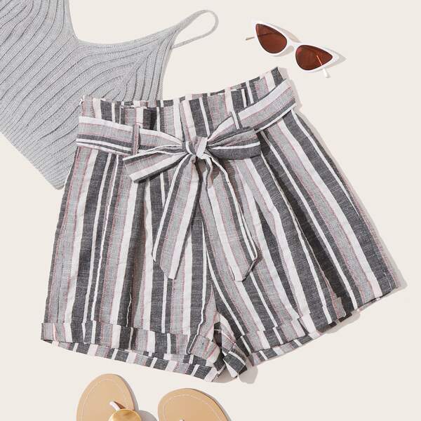 

Paperbag Waist Striped Shorts, Multicolor