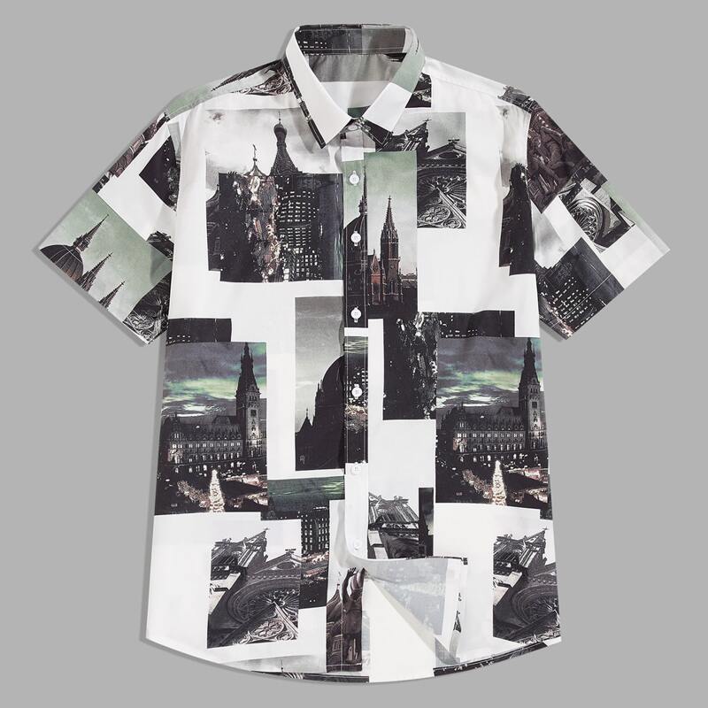 

Guys Building Print Button Through Shirt, Multicolor