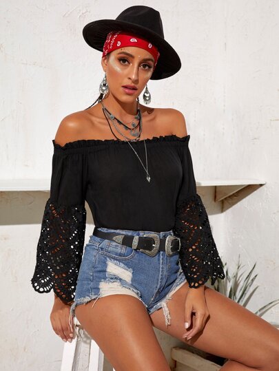 Off Shoulder Frill Trim Contrast Schiffy Blouse