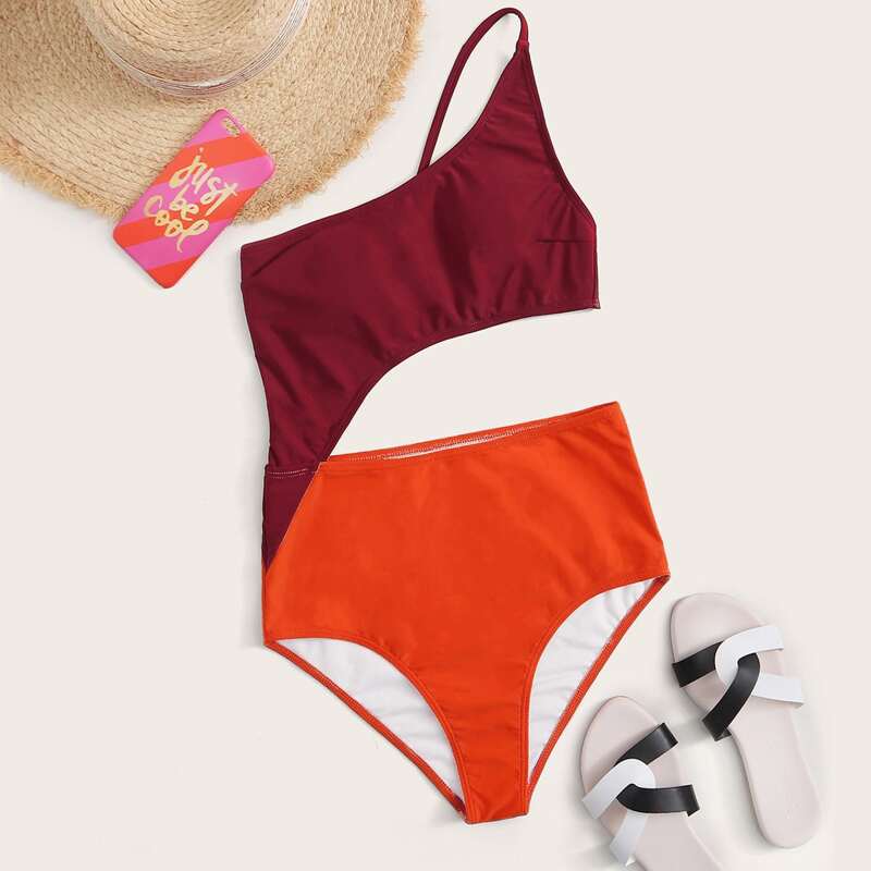 

Colorblock One Shoulder One Piece Swimsuit, Multicolor