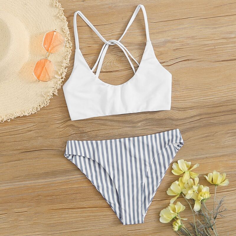 

Striped Tie Back Cami Bikini Swimsuit, Multicolor
