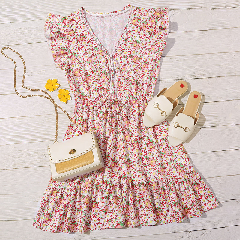 

Allover Floral Ruffle Hem Drawstring Sundress, Multicolor
