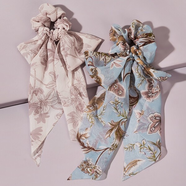 

2pcs Floral Pattern Scrunchie Scarf, Multicolor