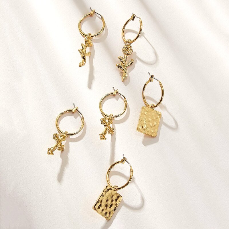 

3pairs Cross & Flower Earrings, Gold