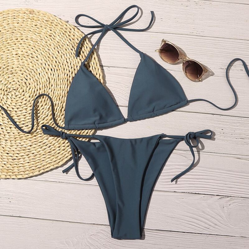 

Triangle Tie Side Tanga Bikini Swimsuit, Grey