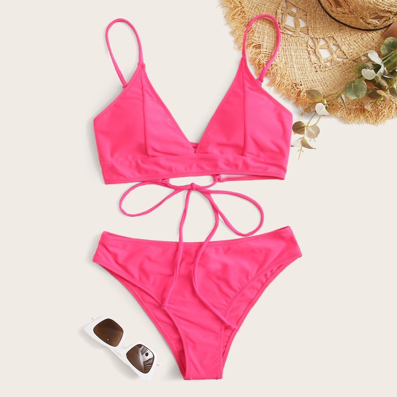 

Neon Pink Tie Back Cami Bikini Swimsuit, Pink bright