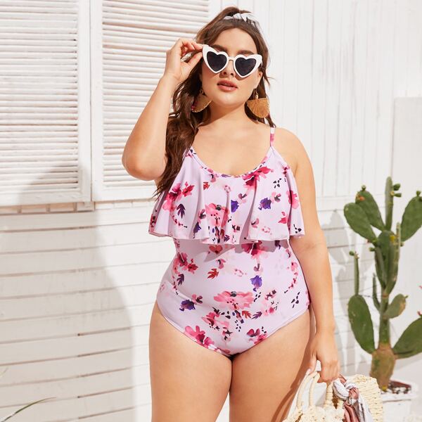 

Plus Floral Flounce One Piece Swimsuit, Pink