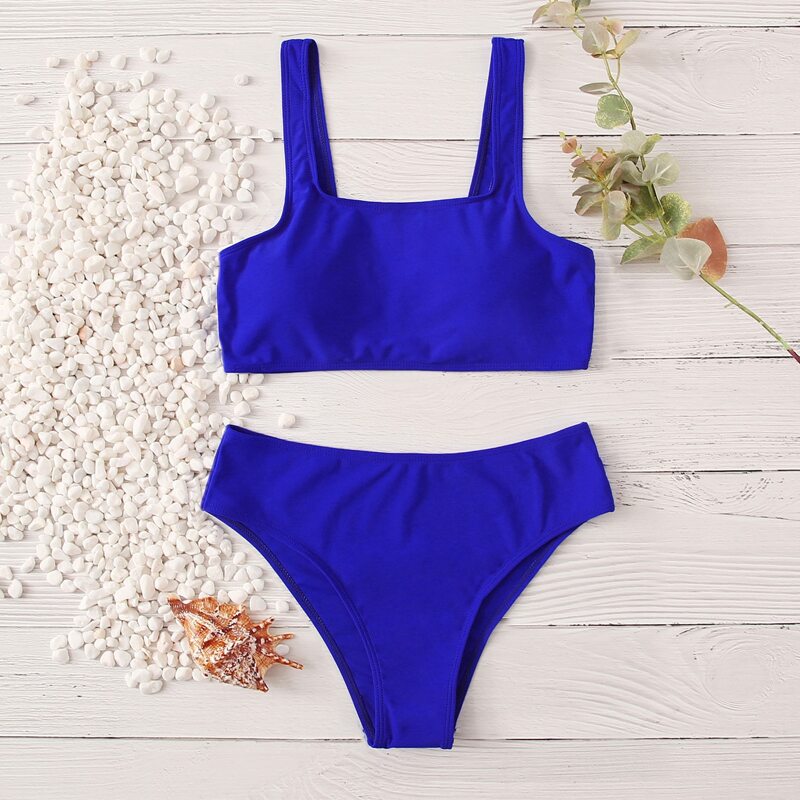 

Square Neck High Waist Bikini Swimsuit, Blue bright
