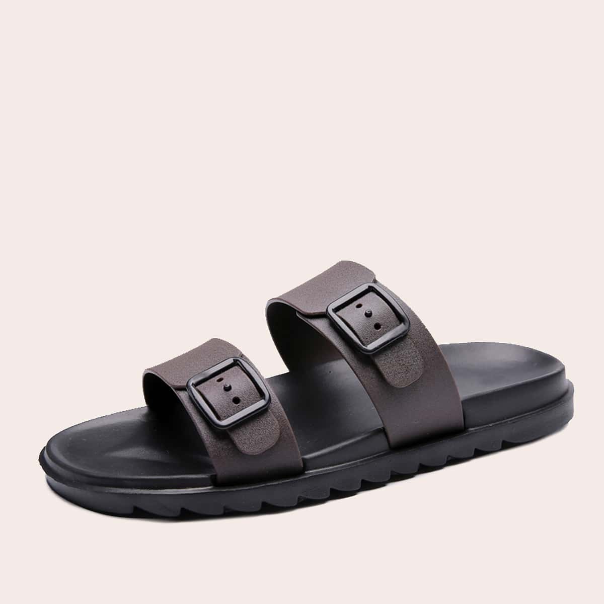 

Guys Buckle Decor Double Strap Sliders, Brown
