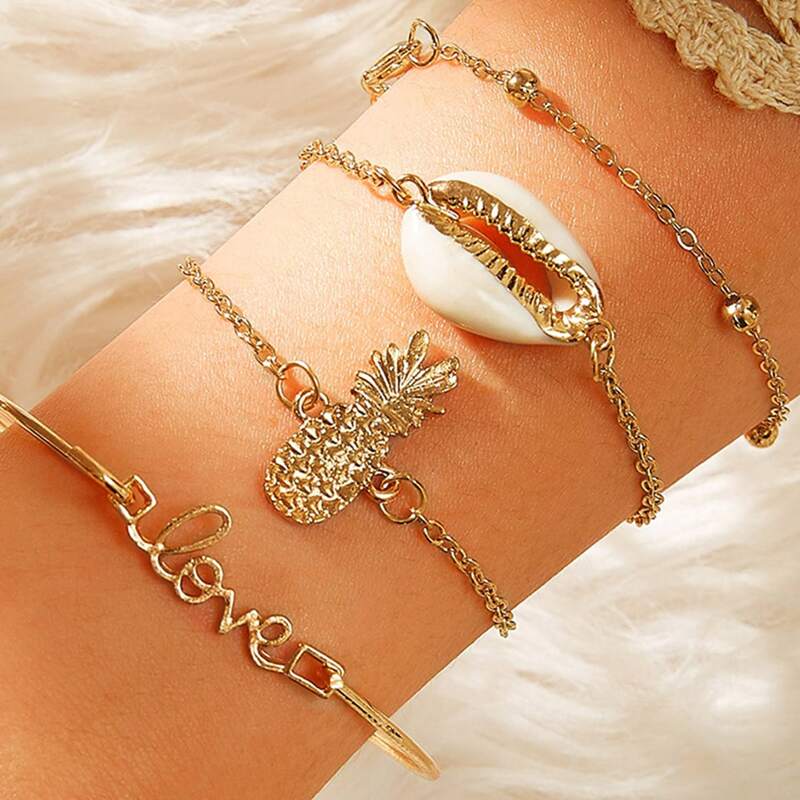 

4pcs Shell & Letter Decor Link Bracelet, Gold