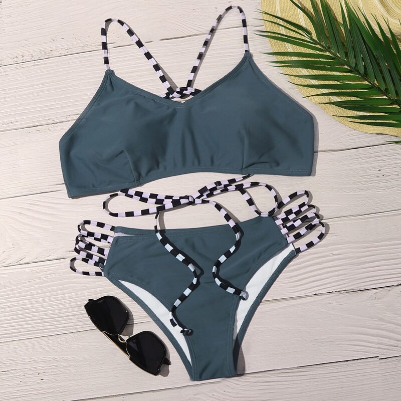 

Striped Strap Cutout Bikini Swimsuit, Grey