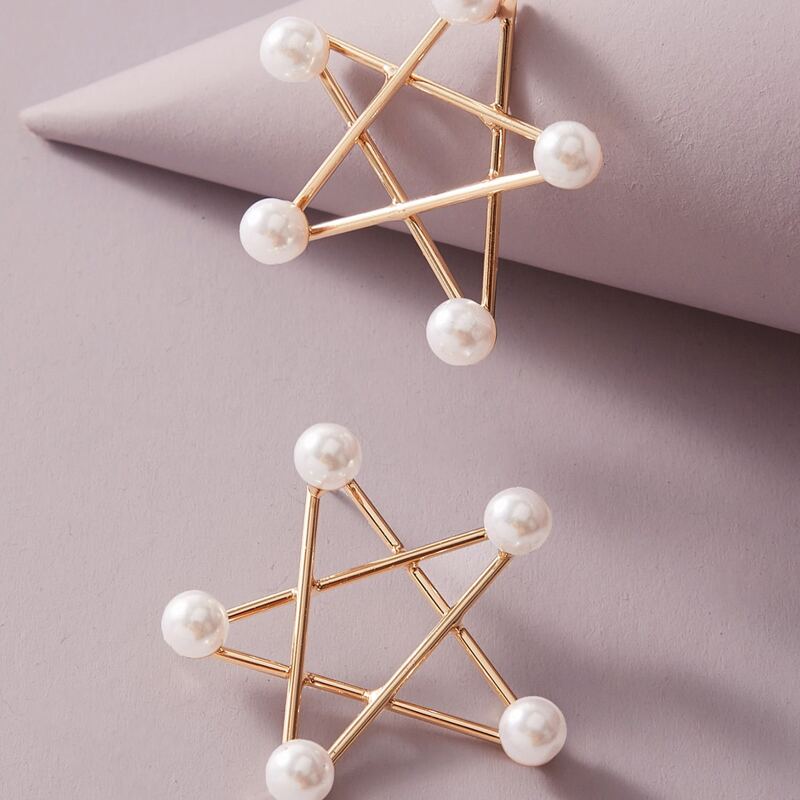 

1pair Faux Pearl Decor Star Design Stud Earrings, Gold