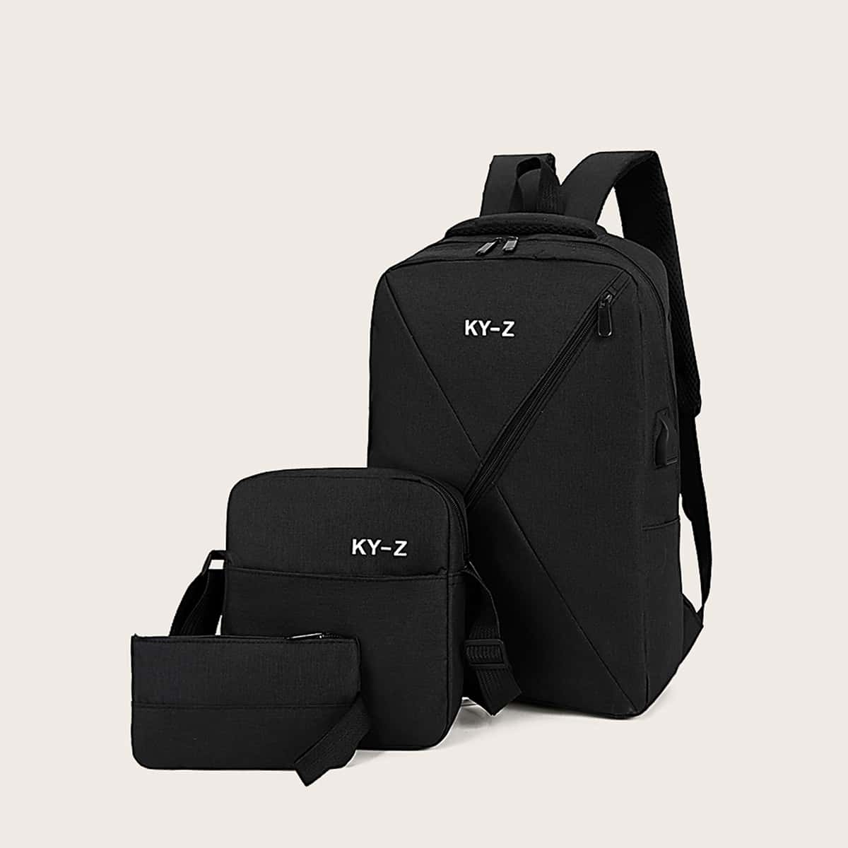 

3pcs Guys Letter Detail Backpack With Purse, Black