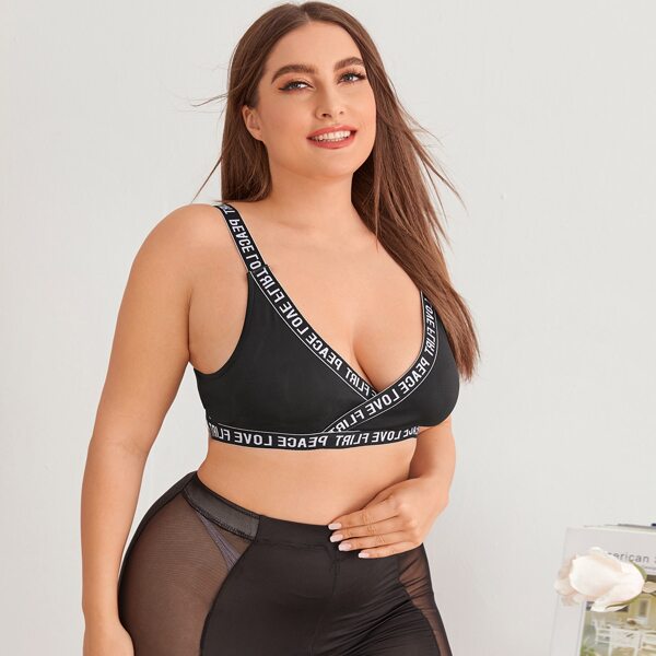 

Plus Letter Tape Sports Bra, Black