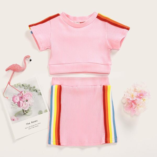 

Toddler Girls Rainbow Striped Rib-Knit Tee With Skirt, Pink