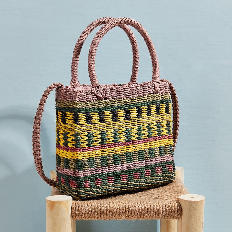 

Color-block Woven Raffia Satchel Bag, Multicolor