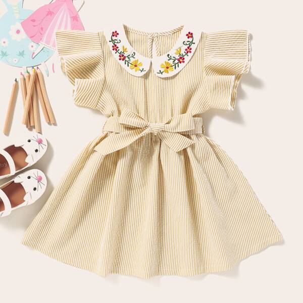 

Toddler Girls Floral Embroidered Striped Belted A-line Dress, Beige