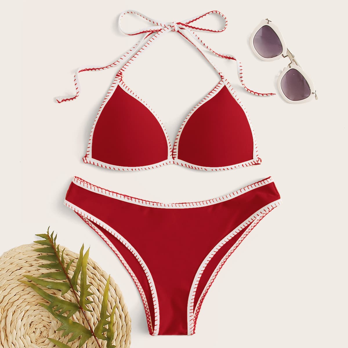 

Whip Stitch Halter Triangle Bikini Swimsuit, Red
