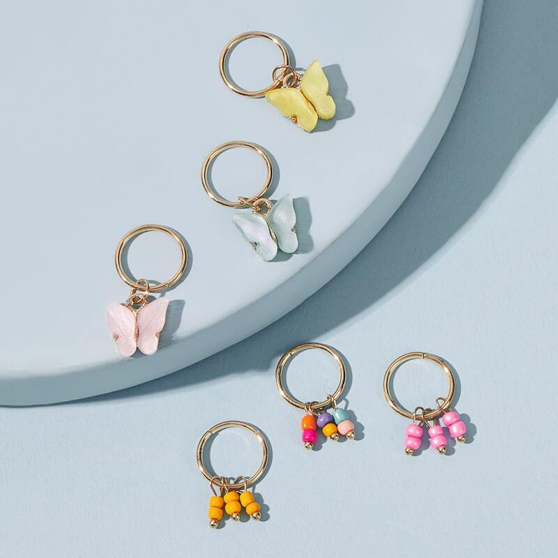 

6pcs Butterfly & Bead Charm Ring Hair Clip, Multicolor