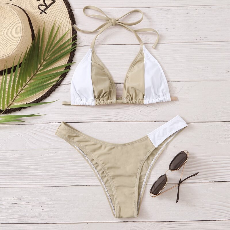 

Two Tone Halter Triangle Bikini Swimsuit, Multicolor