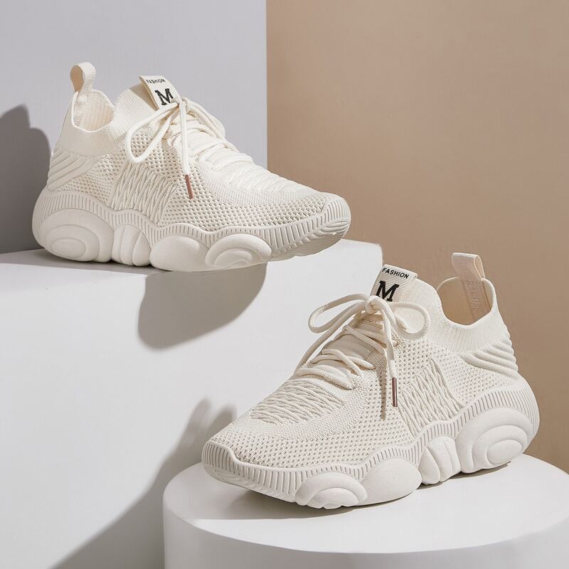 

Lace-up Front Low Top Knit Sneakers, Beige