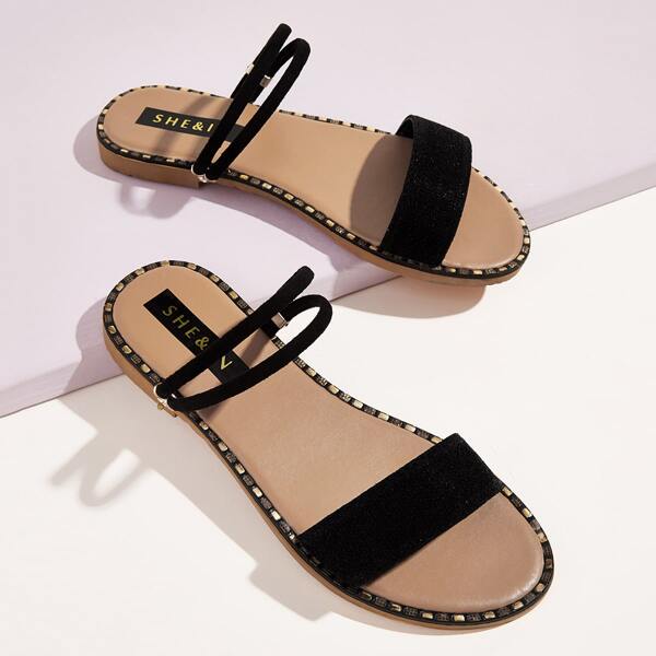 

Studded Decor Open Toe Sliders, Black