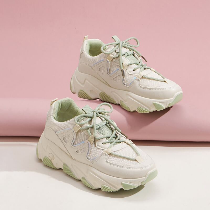 

Mesh Panel Lace-up Front Chunky Sneakers, Beige