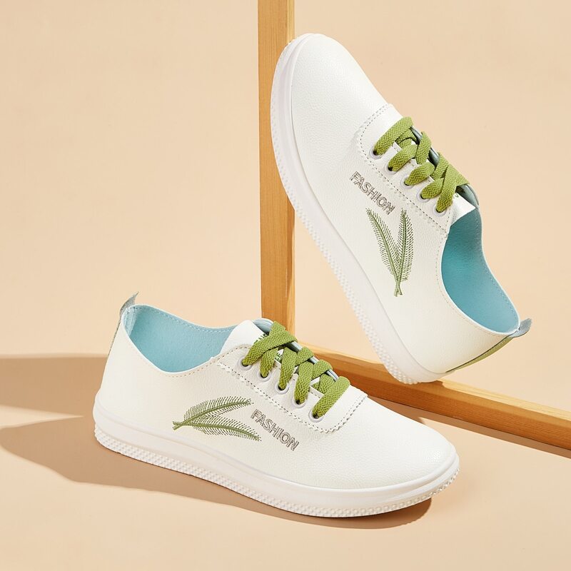 

Leaf Embroidery Lace-up PU Sneakers, White