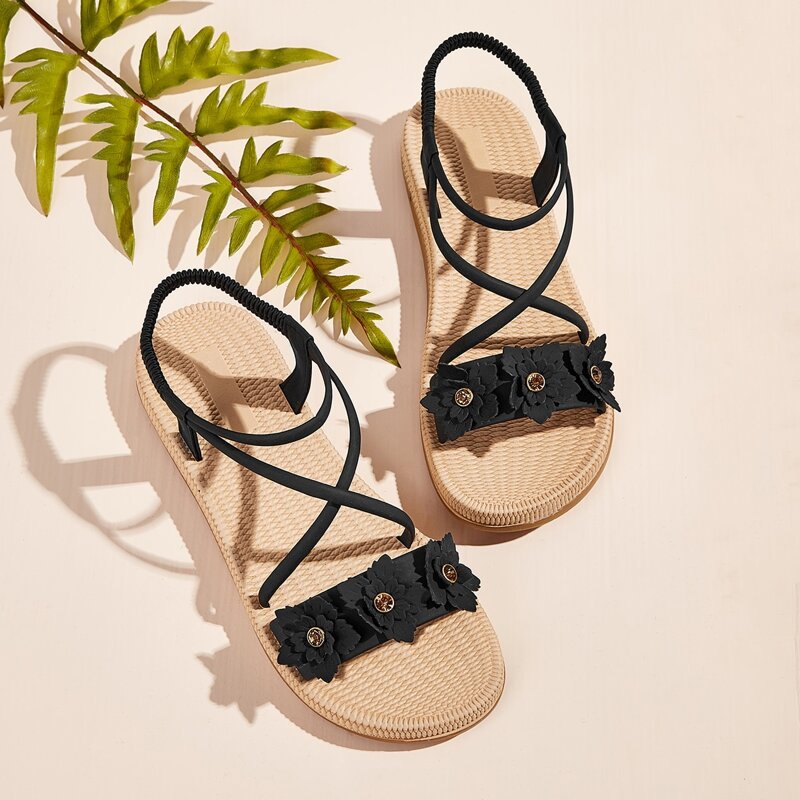 

Floral Cross Strap Sandals, Black