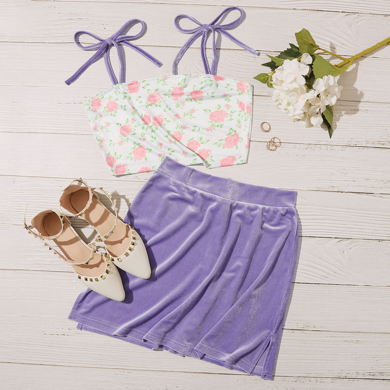 

Floral Crop Cami & Velvet Purple Skirt, Multicolor