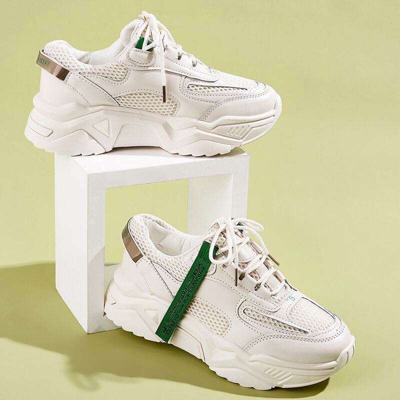 

Mesh Panel Lace-up Front Chunky Sneakers, Beige