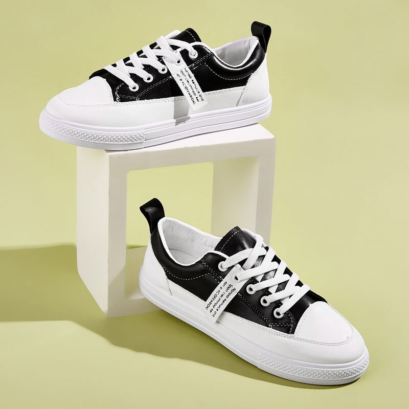 

Lace-up Front PU Sneakers, Black and white