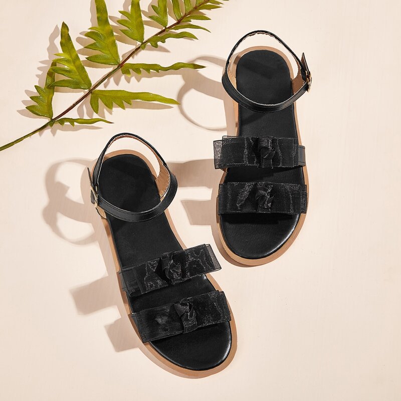 

Mesh Bow Ankle Strap Sandals, Black