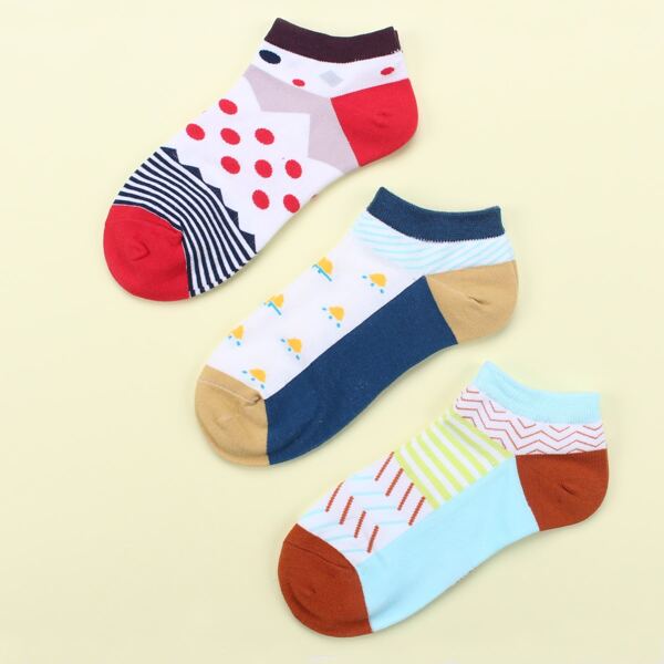 

3pairs Geometric & Polka Dot Pattern Ankle Socks, Multicolor