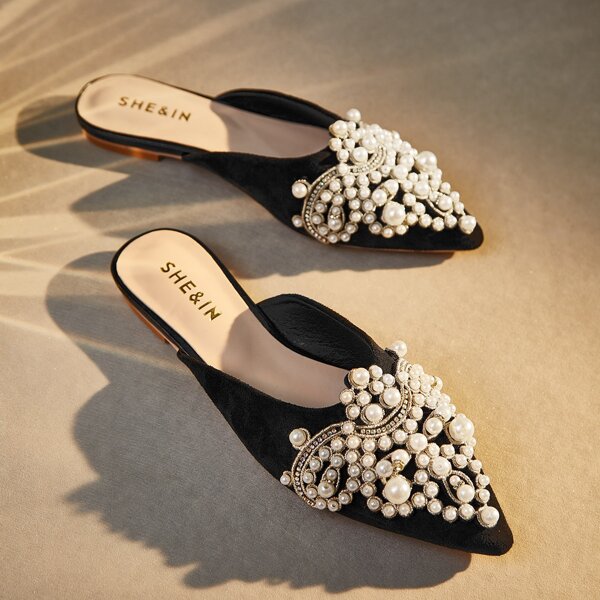 

Faux Pearl Decor Point Toe Flat Mules, Black