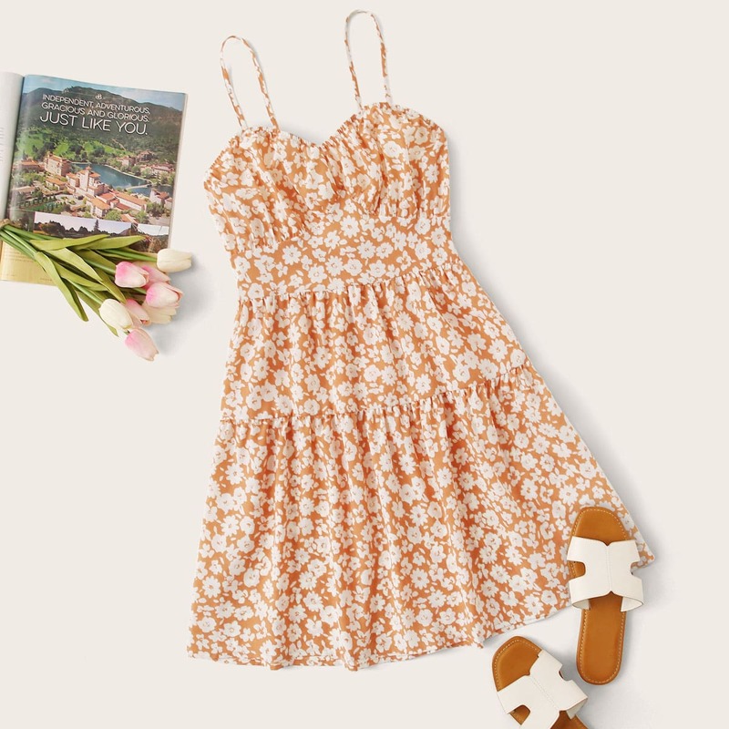 

Floral Print Bustier Sundress, Orange