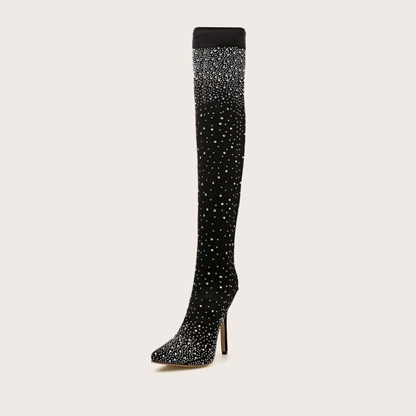 

Faux Pearl Detail Over The Knee Stiletto Boots, Black