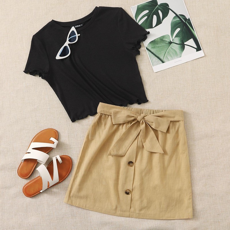 

Lettuce Trim Top & Tie Waist Buttoned Front Skirt Set, Multicolor