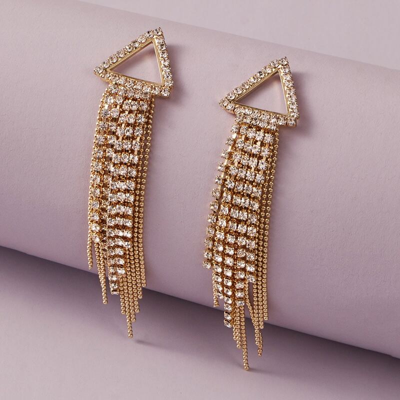 

1pair Rhinestone Engraved Geometric & Tassel Drop Earrings, Gold