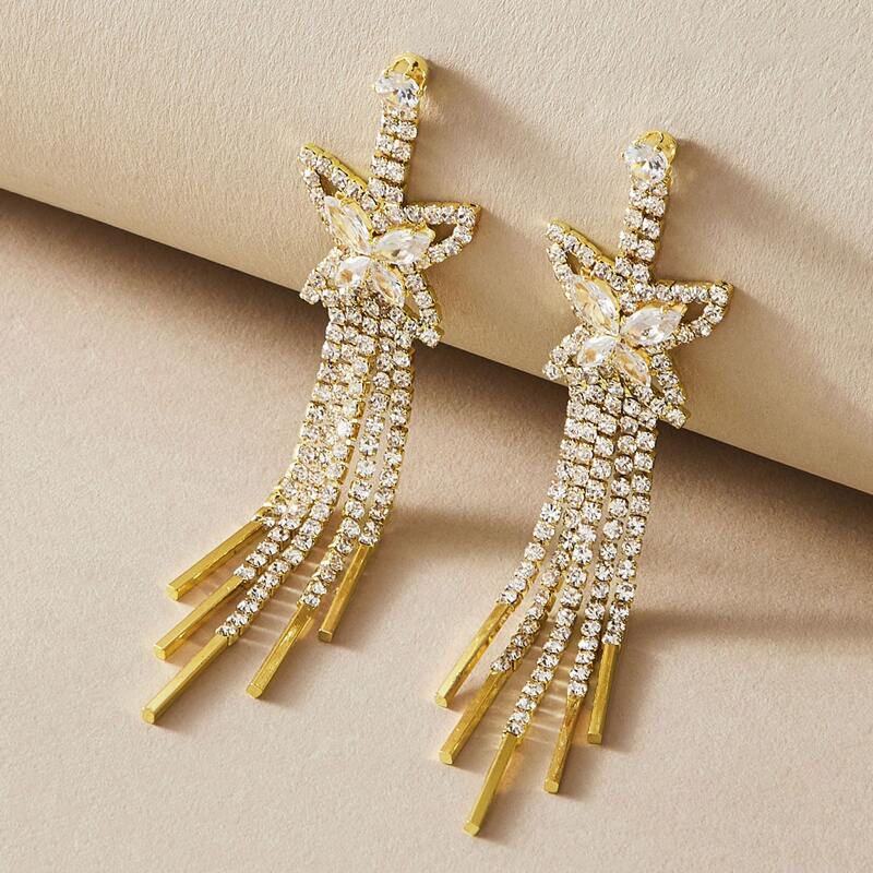 

1pair Rhinestone Engraved Butterfly & Tassel Drop Earrings, Gold