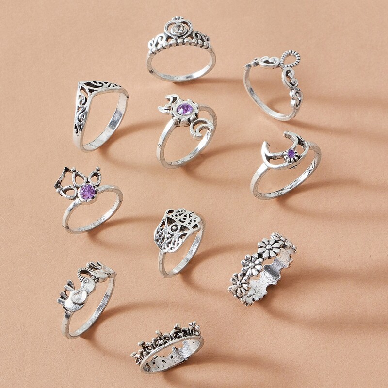 

10pcs Rhinestone & Floral Ring, Silver