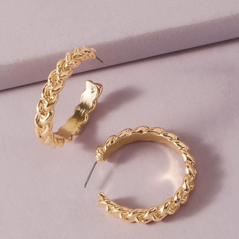 

1pair Chain Design Cuff Hoop Earrings, Gold