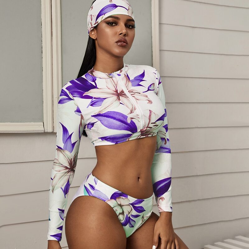 

Floral Print Zip-up Bikini Swimsuit & Headband, Multicolor