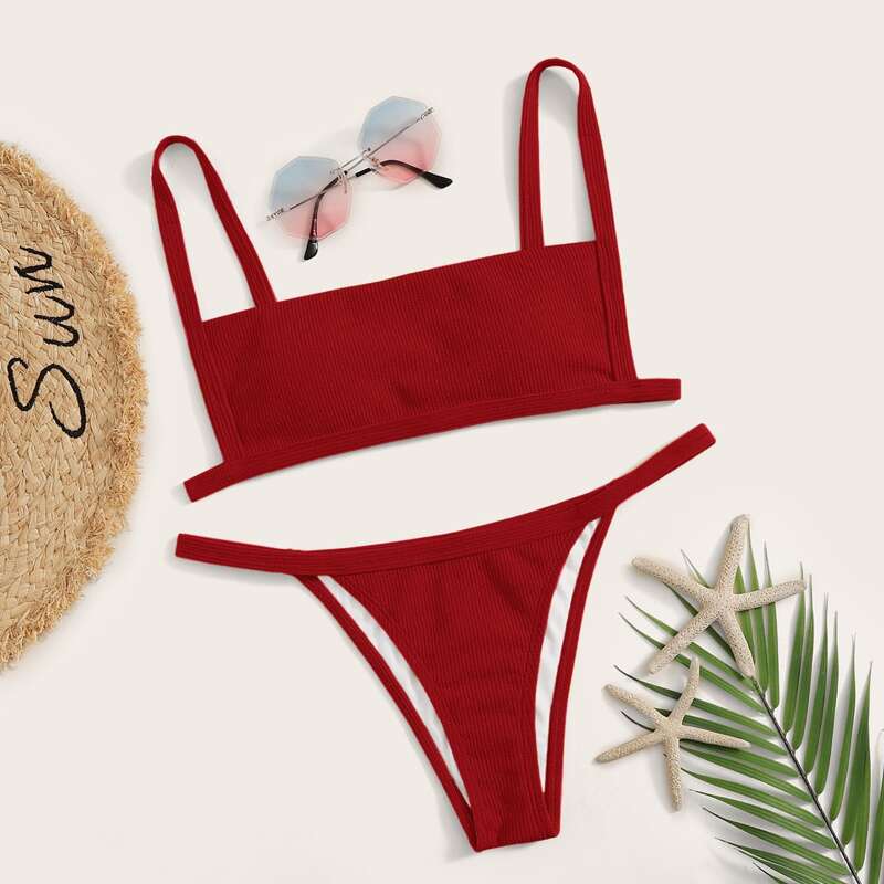 

Rib Tanga Bikini Swimsuit, Red