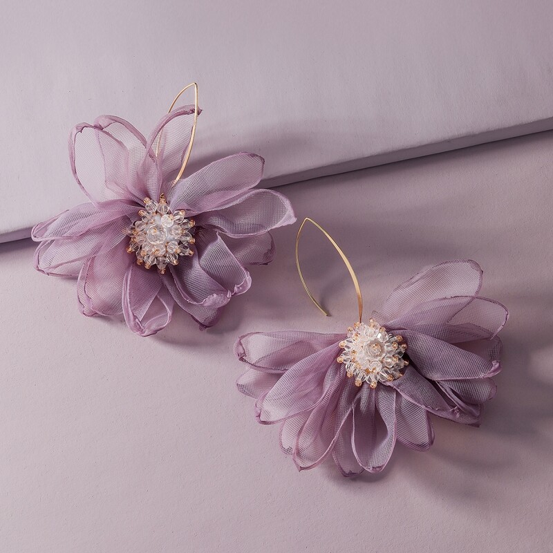 

1pair Flower Design Mesh Earrings, Purple